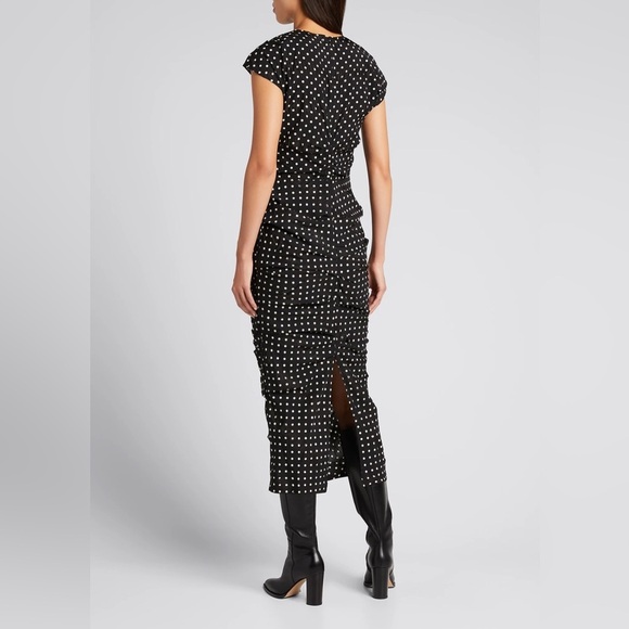 Rachel Comey New Delirium Silk Polka Dot Ruched Midi Short Sleeve Dress Black - Picture 4 of 14